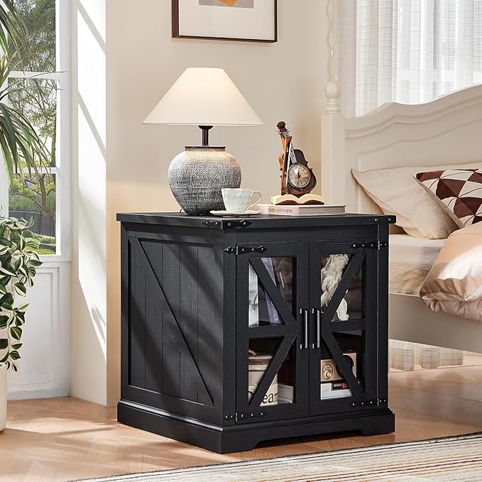 End Tables Living Room Set 2, 18'' Night Stand and 24" Square Side Table with Charger Station, Wood Furniture Sets, Nightstand Bedside End Table for Bedroom
