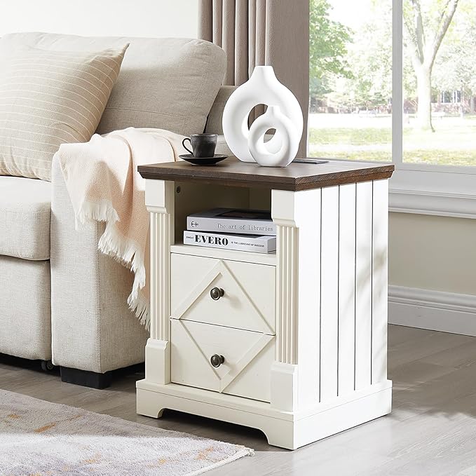 Nightstand with Charging Station, Rustic 18 Inch Farmhouse End Table with Barn Door, Wood Sofa Side Table with 2 Storage Drawers for Living Room, Bedroom, Entryway(Antique White)