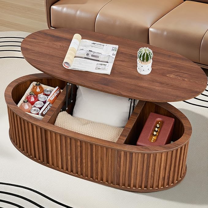 Oval Lift Top Coffee Table, 43.3'' Fluted Coffee Table with Hidden Storage Compartment, Mid Century Modern Dining Table Wooden Center Table for Living Room, Office, Small Spaces (Walnut)