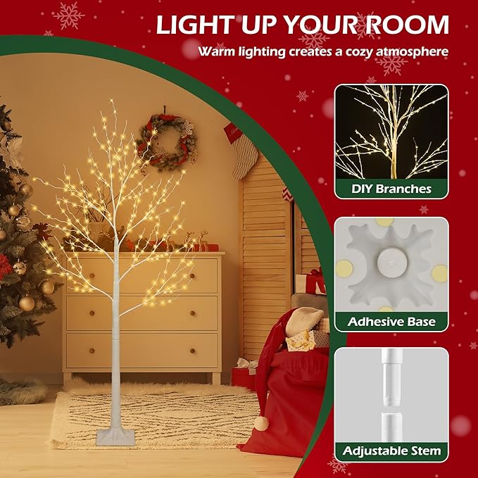 HUGROVE Lighted Birch Tree,4FT/5FT/6FT White Twinkle Christmas Tree with LED,Warm White,Adjustable Branches, Artificial Birch Tree Lights with Timer,Indoor & Outdoor & Christmas Use (Branches)