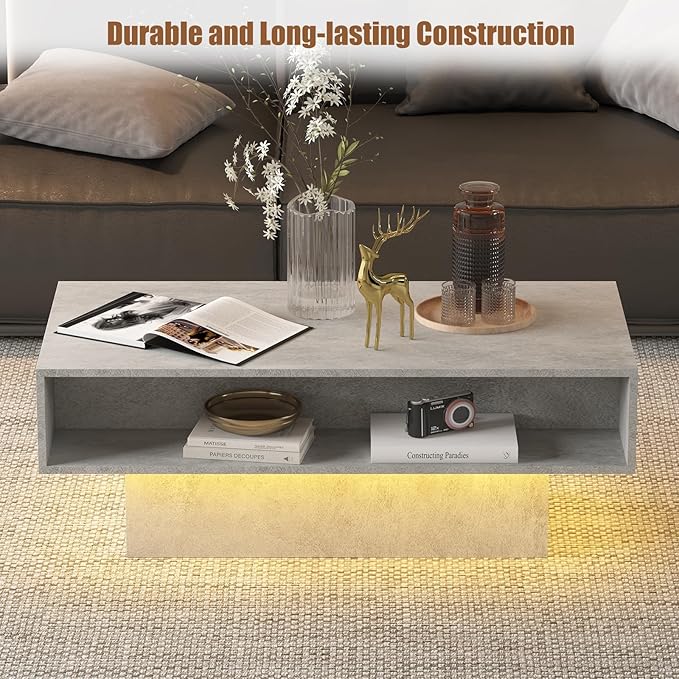 Grey Coffee Table with Storage, Rectangular Center Table for Living Room, Modern High Glossy Farmhouse Grey Coffee Table with 16 Colors LED Lights, Wooden Living Room Table, Pullout Storage