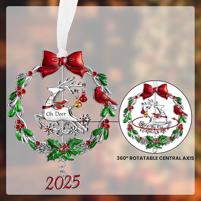 Christmas Tree Ornament Metal Silver Hanging Rotatable Design Charm Holiday Decorative Pendant Gift Keepsake (2025 Deer)