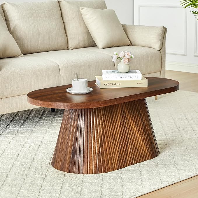 Fluted Coffee Table with Sturdy Tapered Base, Wood Oval Small Coffee Table, Mid Century Modern Center Table for Living Room Office (Walnut)