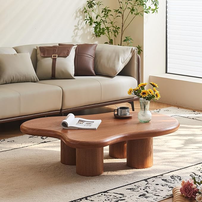 48 Inch Cloud Coffee Table, Modern Walnut Coffee Table for Living Room, Large Wood Coffee Side Table with Irregular Tabletop and 4 Sturdy Legs for Home Office Bedroom