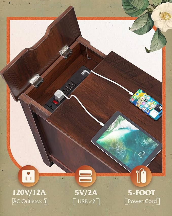 WLIVE End Table with Charging Station, Narrow Side Table for Living Room, Farmhouse Night Stand with Storage, Small Wooden Cabinet Nightstand with USB Ports and Outlets, 23.7" D x 13.78" W x 23.7" H