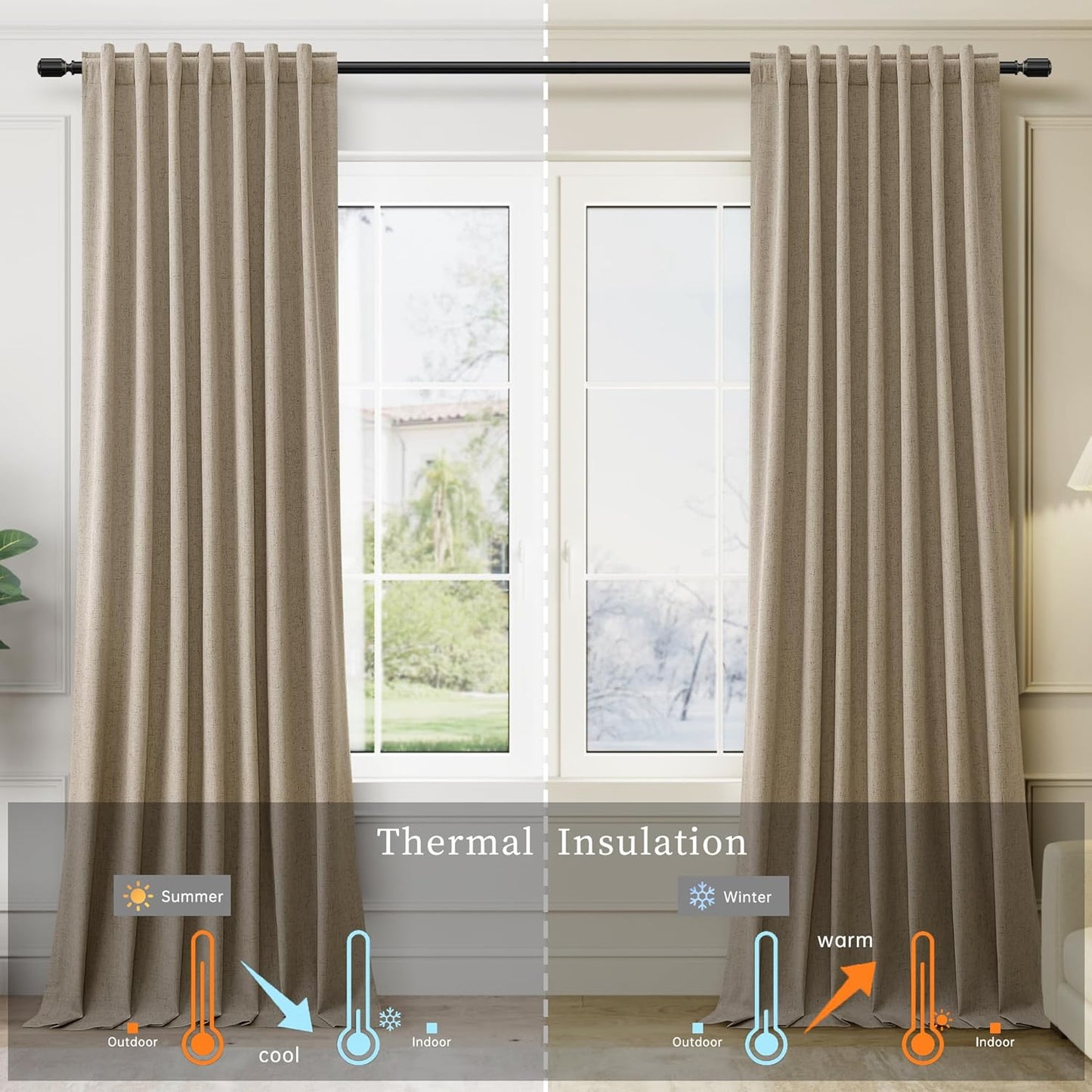 BOODII Khaki Linen Blackout Curtains for Bedroom 84 Inch Length 2 Panels Set Room Darkening Curtains Black Out Curtain Neutral Thermal Insulated Living Room Nursery Drapes Back Tab 52x84