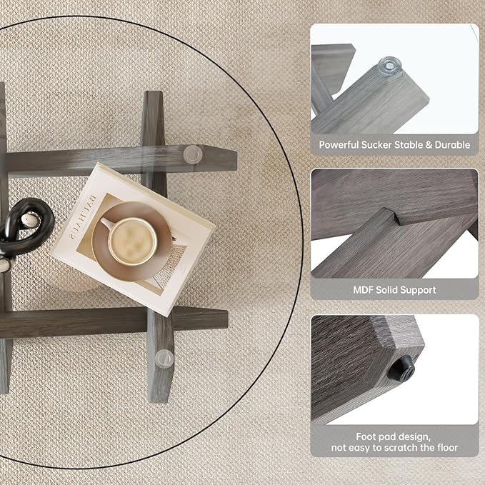 Gray Round Glass Coffee Table,33-Inch Coffee Tables for Living Room Clear Circle Accent Table Adapts to Farmhouse and Contemporary Decor