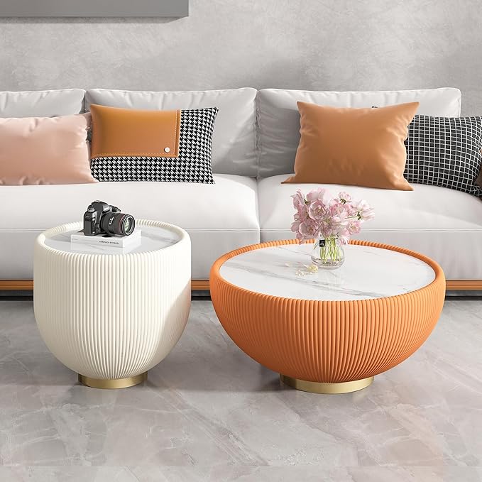 Round Living Room Table Set, 29.53" Orange Drum Center Table and 19.69" White Coffee Table Set, 2 Pieces Coffee Table Set with Sintered Stone Tabletop, Fluted PU Leather Covered and Metal Base