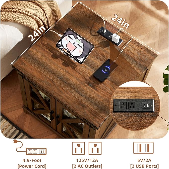 Farmhouse End Table Set of 2,24" Large Sofa Side Table with Charging Station Glass Barn Door,Wood Nightstand with Adjustable Storage Shelf,Square Bedside Table for Living Room,Bedroom,Office-Brown