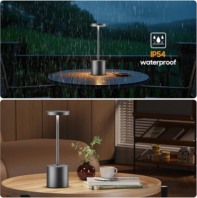 Cordless Table Lamps Rechargeable - Outdoor Waterproof LED Table Light Portable 5000mAh Battery Operated Lamp 3 Color Stepless Dimming with Memory Function for Restaurant Dining Patio Grey
