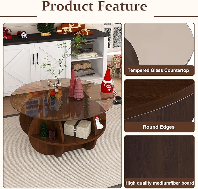 Modern Round Coffee Table, 31.5'' Glass Coffee Tables for Living Room with Storage ，Walnut Brown Circle Center Table with Tempered Glass-Top and Wooden MDF Frame, for Small Spaces (Walnut Style 2)