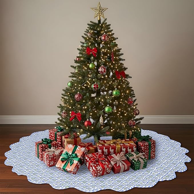 Christmas Tree Skirt Cotton Floral Block Tree Skirt in Nature Color for Home Xmas Party Seasonal Holiday Decoration Indoor Outdoor(60 Inch,Blue)