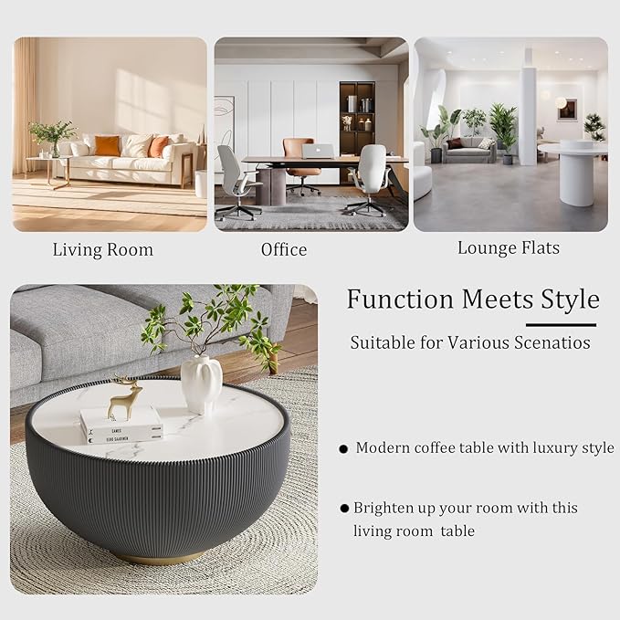27.56" Grey Round Coffee Table, Drum Coffee Table with Sintered Stone Tabletop and Fluted PU Leather Covered and Metal Base, Circle Cocktail Tea Table for Living Room