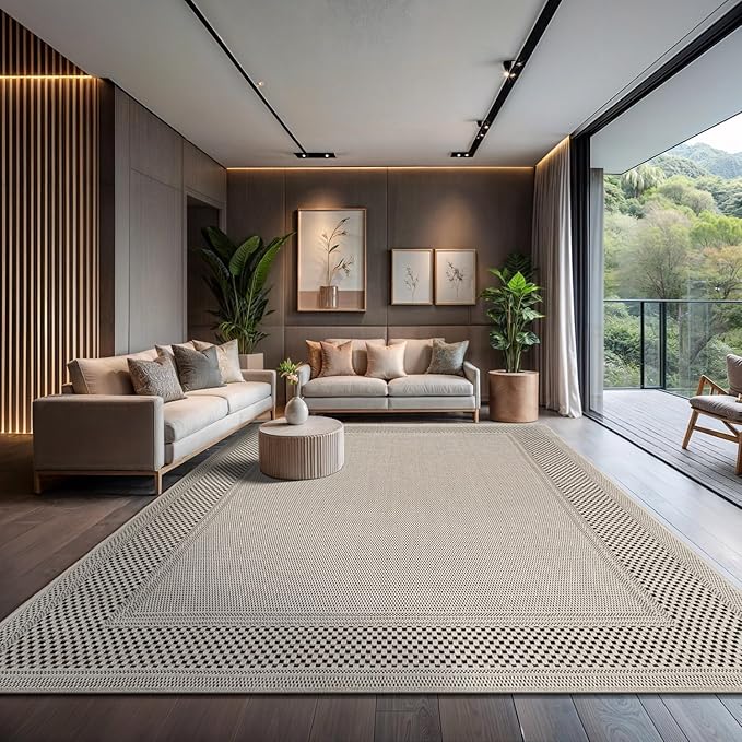 CAMILSON Easy Jute Rug 9x12, Indoor Outdoor Off-White Color Fiber Area Rugs for Living Room Patio and Dining Room Rug, Bordered Boho Woven Design, Easy-Cleaning, Washable Outside Carpet (9 x 12)