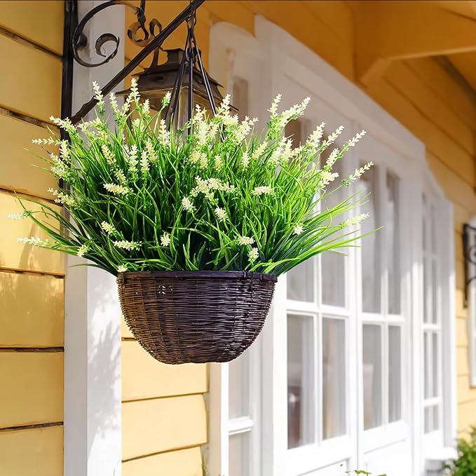12 Bundles Artificial Lavender Flowers Faux Plants for Outdoor Fake Monkey Grass with Flowers Realistic Faux Greenery Shrubs for Porch Planters Patio Garden Window Boxes Pathway Decor (White)