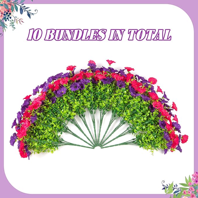 Artificial Flowers for Outdoors Decoration, 10 Bundles Fake Plastic Flower Plant, Faux Colorful Silk Morning Glory Petunias for Spring Summer Outside Garden Porch Front Door Decor, Rose Purple