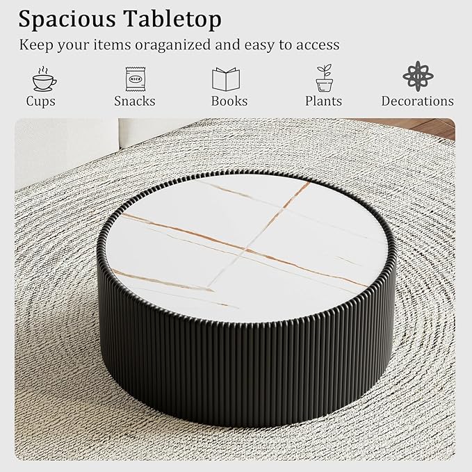 Round Living Room Table Set, 29.52" Black Drum Center Table and 17.71" Grey Coffee Table Set, 2 Pieces Coffee Table Set with Sintered Stone Tabletop, Fluted PU Leather Covered and StableBase