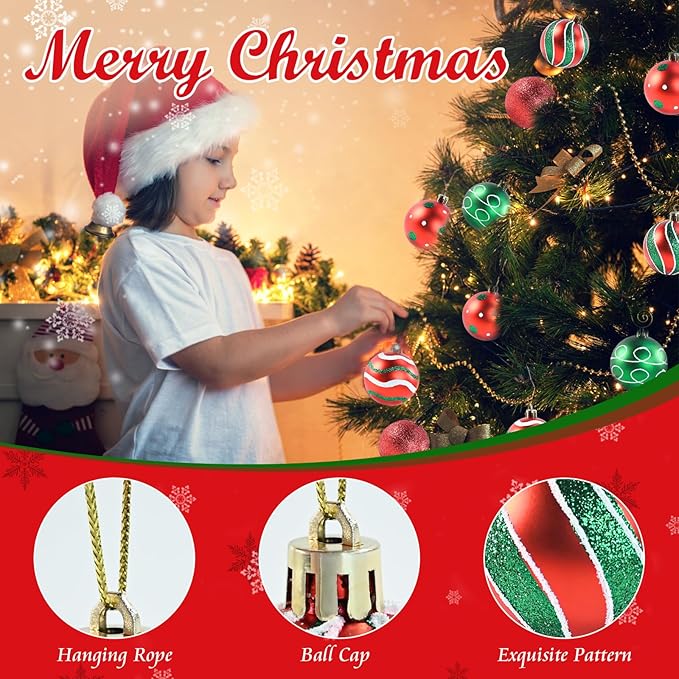 30PCS Christmas Ball Ornaments, 2.36" Red Green Christmas Balls Ornaments for Tree, Shatterproof Xmas Tree Decoration, Painting & Glittering Hanging Ball Baubles