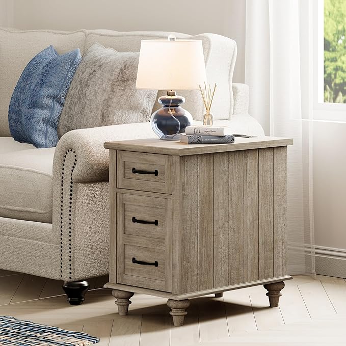 WAMPAT 2 Pack End Tables with Charging Station, Farmhouse Side Table with Drawer & Storage Cabinet, Gray Nightstand with Power Outlets & USB Ports for Living Room, Bedroom