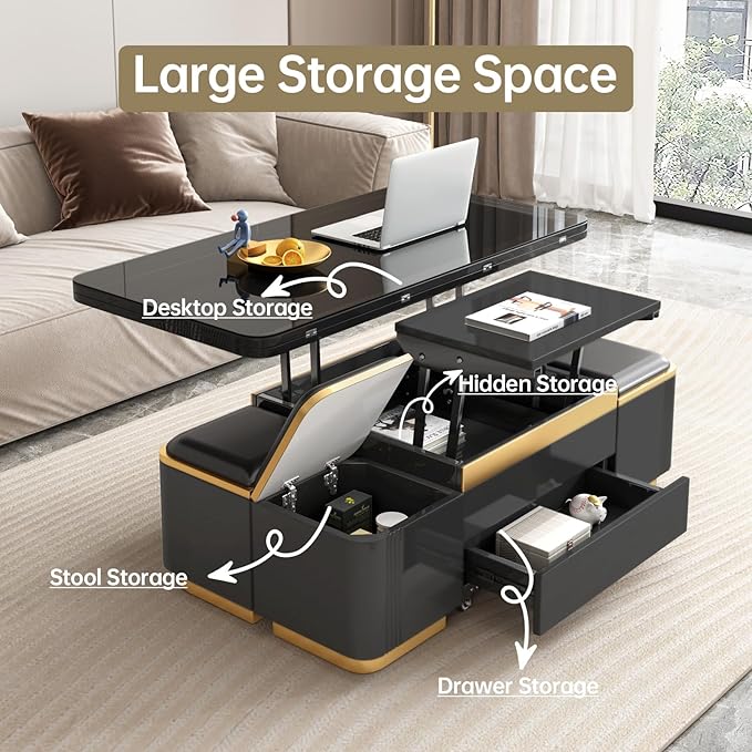 Lift Top Coffee Table with 4 Storage Stools, 3 in 1 Multi-Functional Coffee Table with Drawers, Convertible Table with Hidden Compartment Storage for Living Room, Apartment, Home, Black
