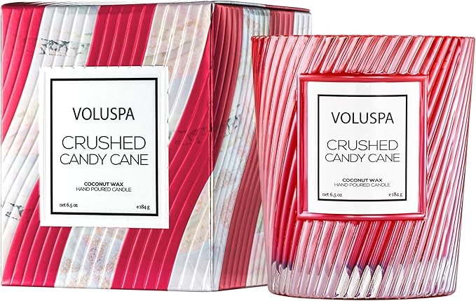 Voluspa Crushed Candy Cane Candle | Classic Boxed Candle | 6.5 Ounces | 40 Hour Burn Time |Coconut Wax for Clean Burning | Non-Toxic