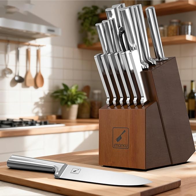 imarku 15 PCS Knife Set: Kitchen Knife Set with High Carbon Stainless Steel, Knife Block Set with Dishwasher Friendly Ultra Sharp Professional Chef Well Balance Knives Set, Best Gifts for Women Men
