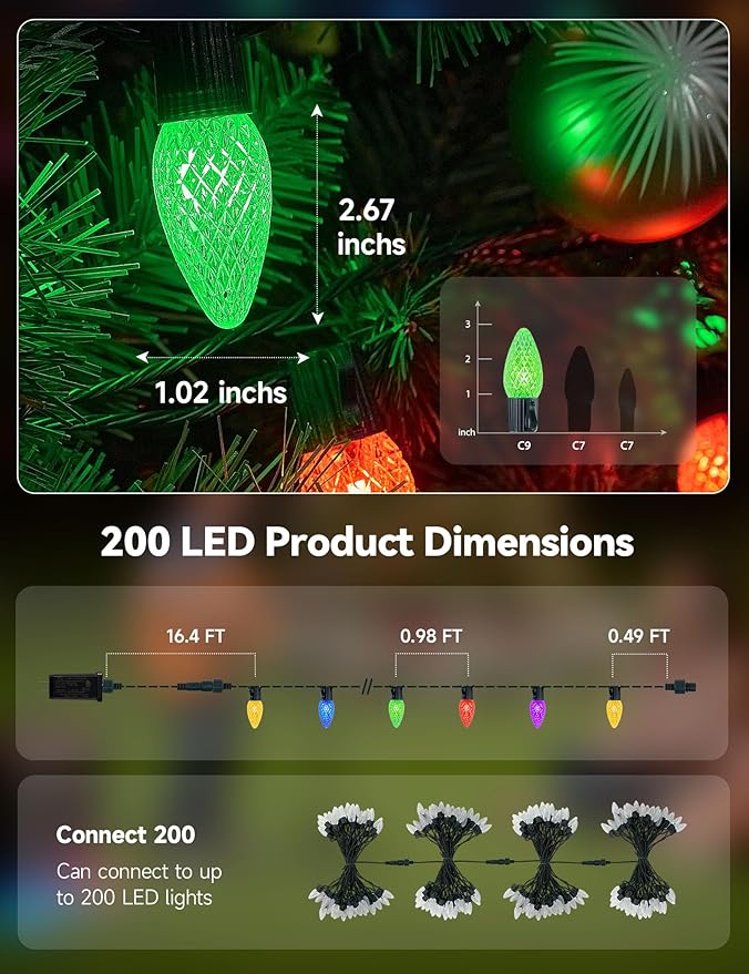 Minetom Smart C9 Christmas Lights Outdoor, 200 LED 213FT Christmas Color Changing Fairy Lights App Control, Music Sync, 105 Preset Modes, Connectable RGB C9 String Lights for House Indoor Xmas Decor