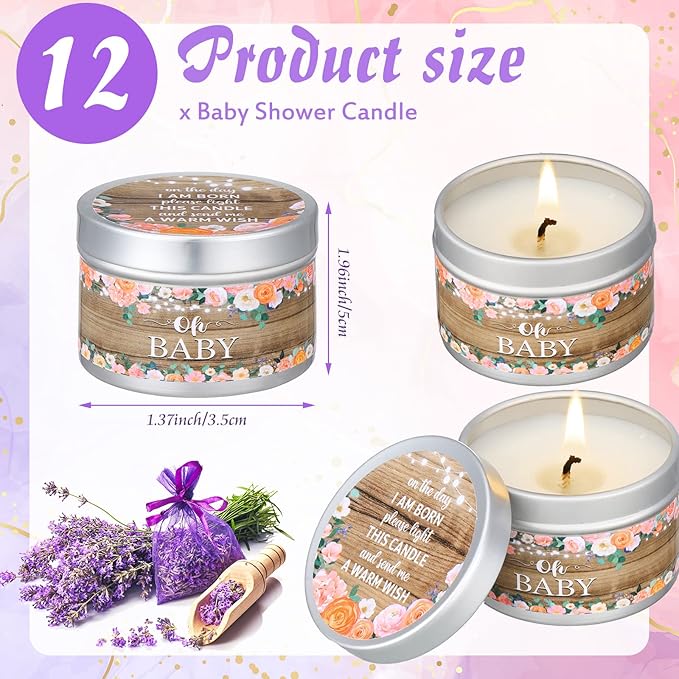 Funtery 12 Pcs Baby Shower Party Favors for Guests Baby Shower Candles Lavender Scented Candle Rustic Tealights Candles Gender Reveal Return Gifts(Flower)