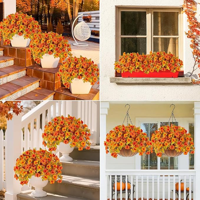 4PCS Artificial Fall Fake Flowers Plants for Outdoor Decoration No Fade Faux Petunias UV Resistant Realistic Autumn Silk Flowers for Home Garden Balcony Yard Porch Deco (Orange Yellow)