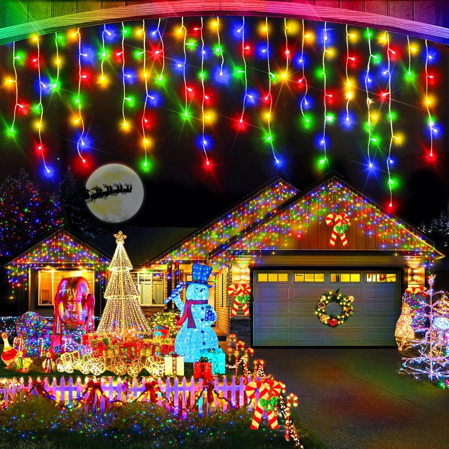 Heceltt Christmas Lights Outdoor, 66FT 640LED Ice Lights 8 Modes with 120 Drops,IP44 Waterproof Timer Memory Function for Christmas Decorations (Multicolor)