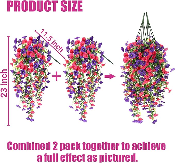Artificial Fake Hanging Flowers Plants for Outdoor Outside Spring Summer Decoration 2PCS Faux Silk UV Resistant Realistic Morning Glory with Eucalyptus for Home Porch Patio Balcony(Purple & Hot Pink)