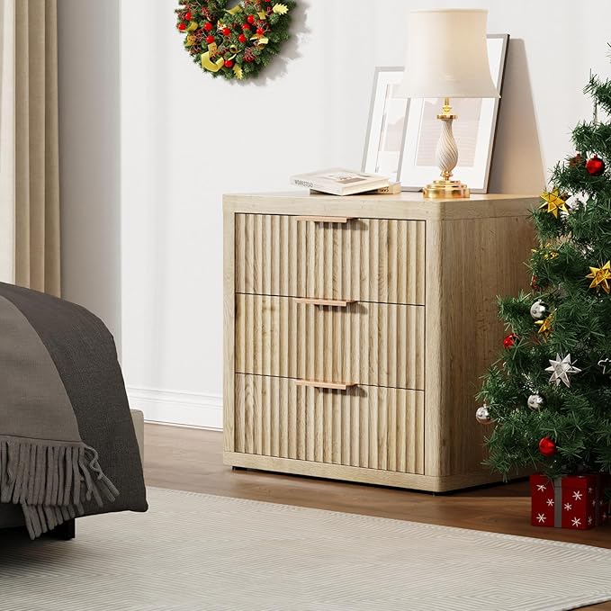 Night Stand with 3 Drawers, 23" Wide Modern Bedside Table with Large Storage, Fluted Bed Side End Table with Metal Handle, Tall Nightstand for Bedroom, Living Room, Office, Nature, Set of 2