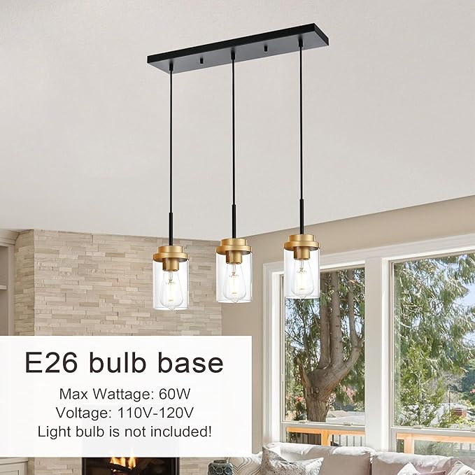MELUCEE 23.6 Inches Dining Room Light Fixture Hanging 3-Lights Kitchen Pendant Light Fixture Over Island Black Ceiling Hanging Lamp with Clear Glass Shade, Gold Socket