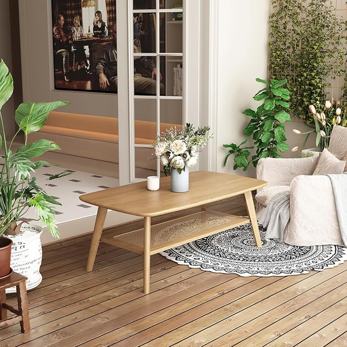 Coffee Table Small Solid Wood Center Table Mid Century Vintage Living Room Coffee Table, Original Rattan 39.37 Inch