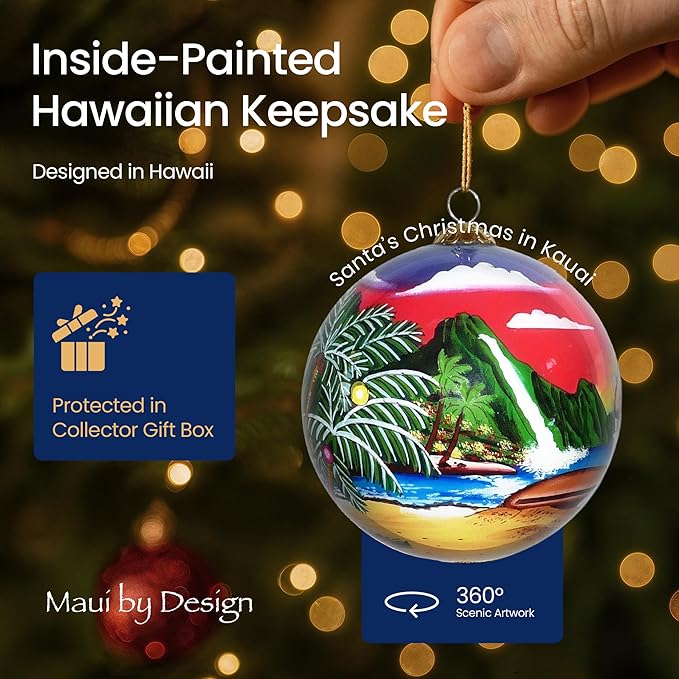 Collectible Hawaiian Santa Christmas Hand-Painted Glass with Gift Box Ornament MK/K