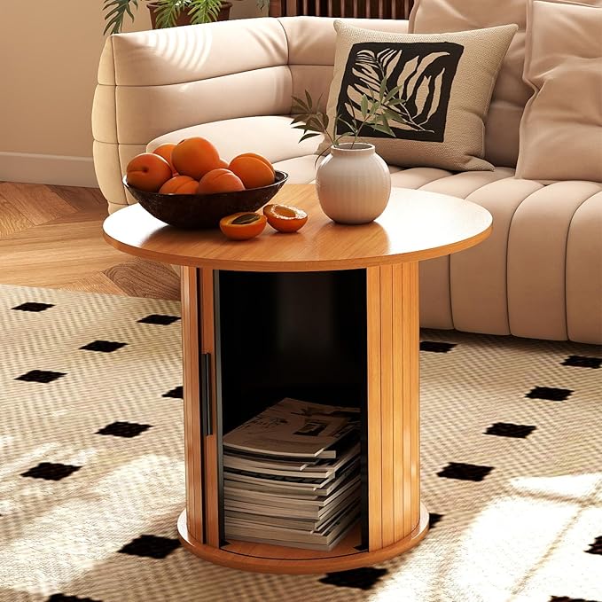 COSVALVE Round Wood Coffee Table 23.6IN with Hidden Storage & Sliding Door, Circle Farmhouse Side Table Sets for Living Room, Bedroom, Balcony, Small Spaces, Natural