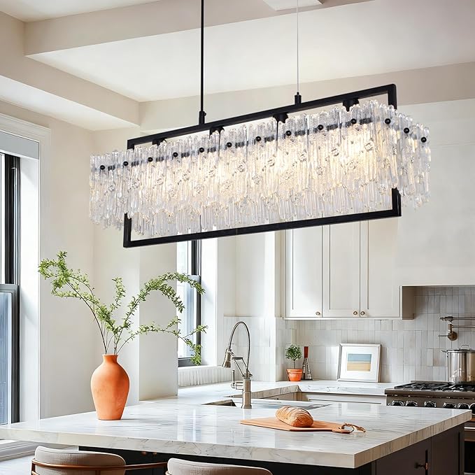 MantoLite Dining Room Light Fixture Modern Rectangle Golde Crystal 4-Light Chandeliers for Dining Room 25" Linear Farmhouse Lighting Fixture for Kitchen Island Light Living Room