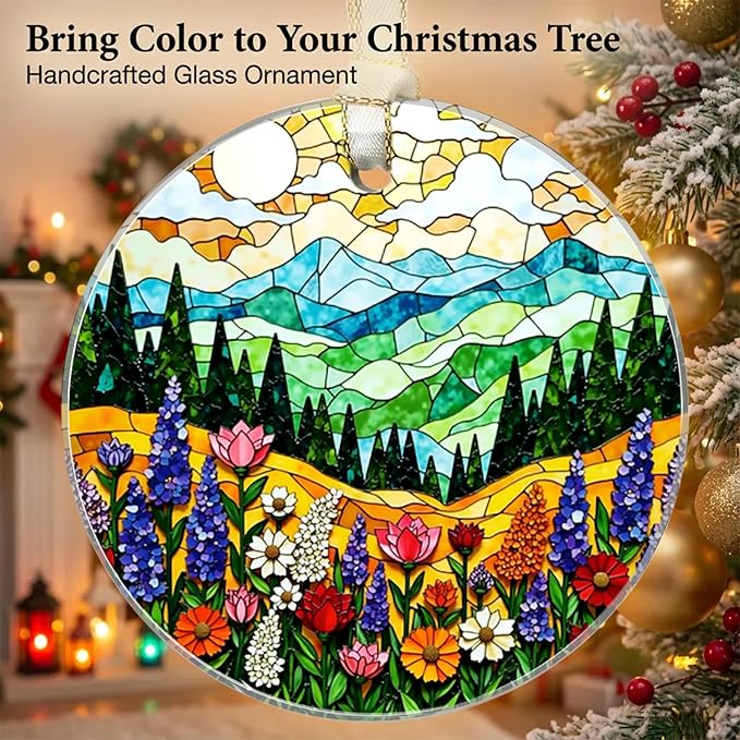 Mountain Christmas Ornaments 2025, Stained Glass Christmas Tree Decorations, Exchange for Women, Men, Collectible Dated Year Ornaments for Tree - Glass Hanging Ornament