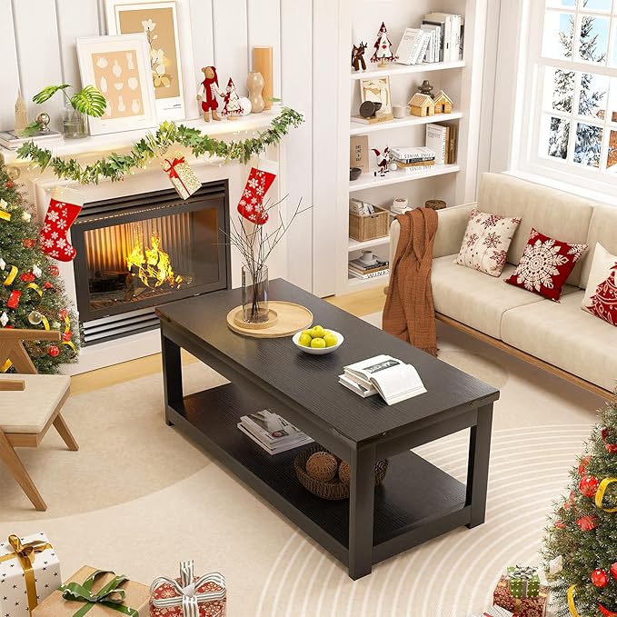 Homieasy Coffee Table with Storage Shelf, 43.3” Farmhouse Wood Coffee Tables for Living Room, Modern Center Tea Table, Black