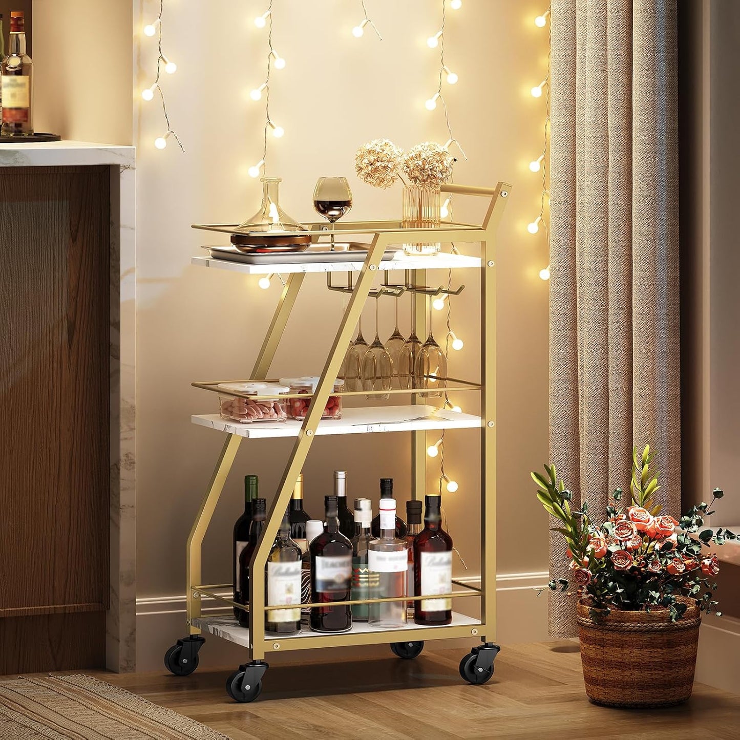 Bar Cart, Gold Bar Cart for The Home, Small Bar Cart on Wheels, Beverage Cart, Home Bar Serving Cart with Glass Holder, Drink Cart for Bar, Kitchen, Dining, Marble White and Gold BC03DW