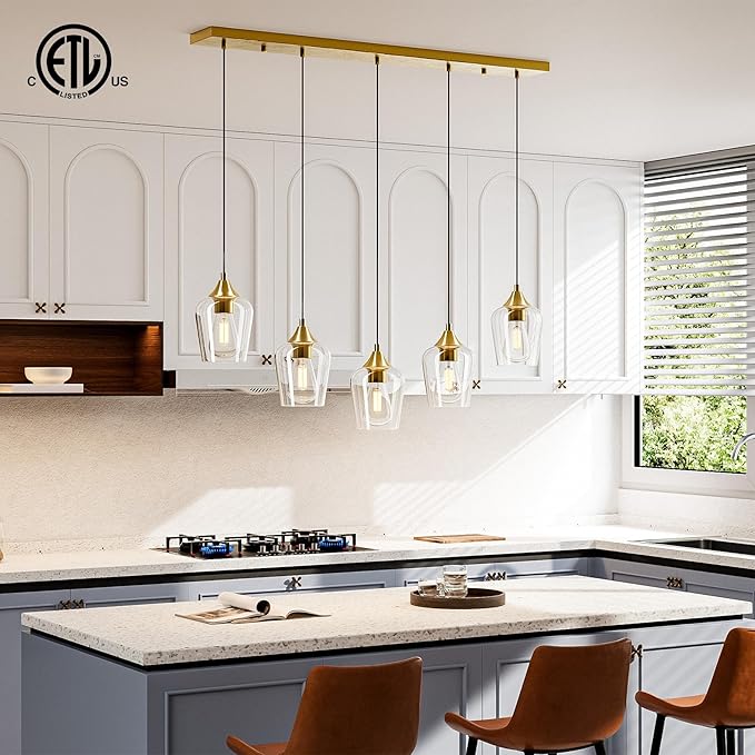 VONLUCE Pendant Lights Kitchen Island, Brushed Nickel Pendant Light Fixtures with E26 Base & Adjustable Cable, Modern Pendant Lighting with Glass Shade for Living Room Bedroom Hallway, 6 Packs