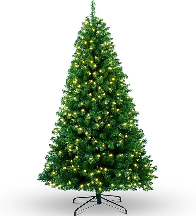 YULETIME 6.5ft Pre-Lit Christmas Tree, Hinged Green Artificial Holiday Decorative Tree with UL Listed 300 Warm White LED Christmas Lights (6.5' Warm White)