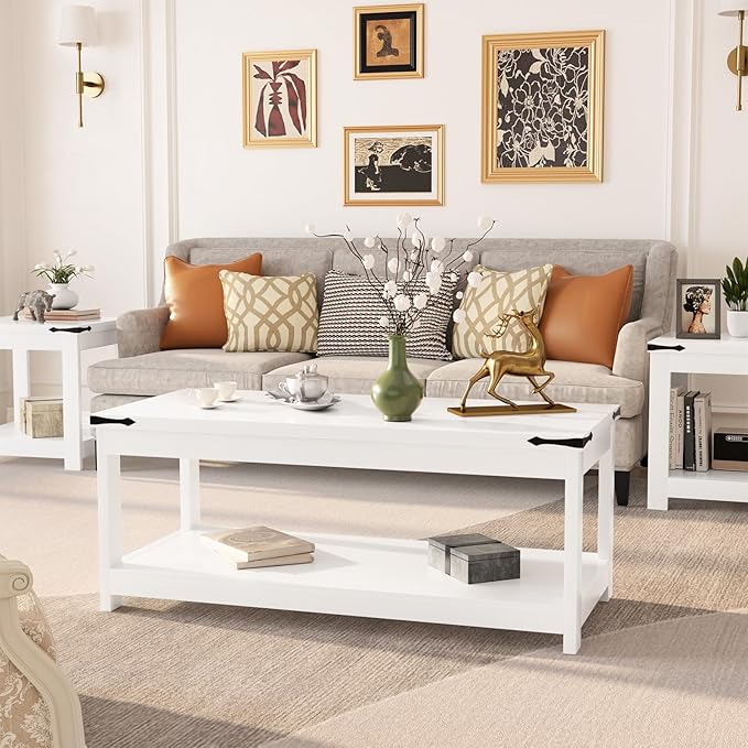 Homieasy Coffee Table with Storage Shelf, 43.3” Farmhouse Wood Coffee Tables for Living Room, Modern Center Tea Table, White