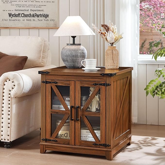 Farmhouse End Table Set of 2,24" Large Sofa Side Table with Charging Station Glass Barn Door,Wood Nightstand with Adjustable Storage Shelf,Square Bedside Table for Living Room,Bedroom,Office-Brown