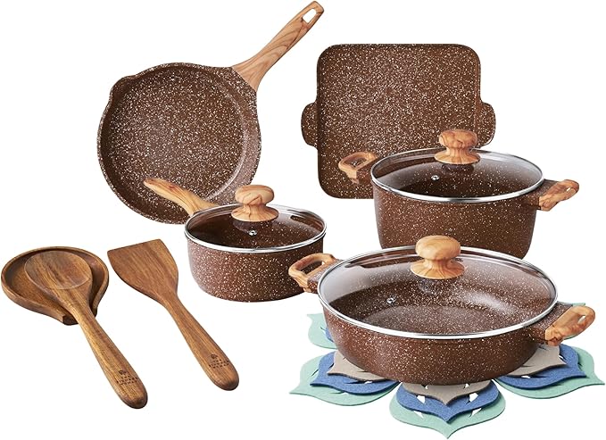 Pioneers Womans Pots and Pans Set Non stick, 14-Piece Cast Aluminum Cookware, Non Stick Kitchen Cooking, with Frying Pans & cooking utensils set (Brown Speckle)