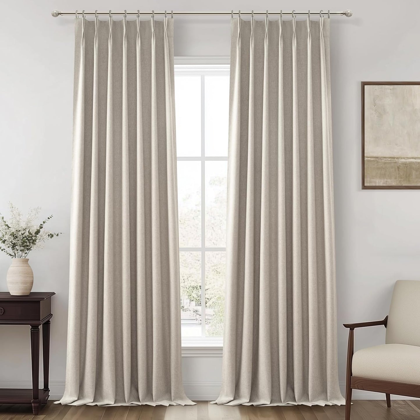 Grey Beige Taupe Viral Curtains with French Pinch Pleat Clips& White Backing, Thermal Living Room/Bedroom Linen Blackout Curtain 96 Inches Long 2 Panels Set Window Boho Summer Drapes (40"Wx96"L)
