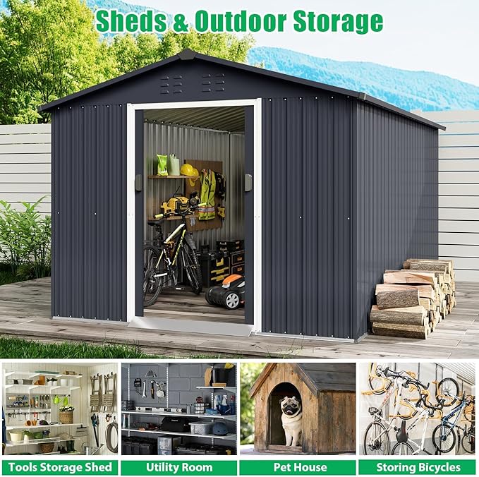8X15 Ft Outdoor Metal Storage Shed with Roof, Weatherproof Steel Tool Shed with Lockable Door for Lawn Mower, Bike & Garden Equipment Storage