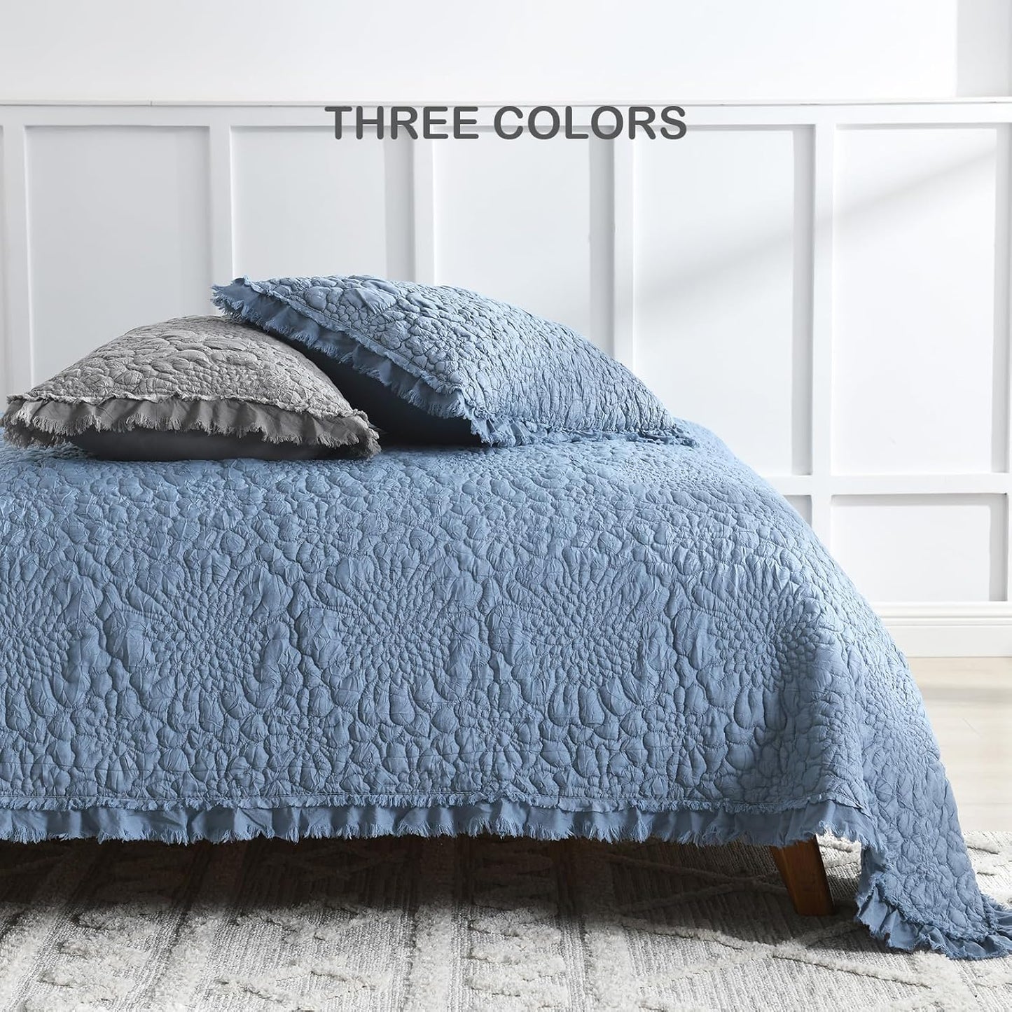 HORIMOTE HOME Dark Grey Ruffled Quilt Twin Size, Stone-Washed Microfiber Lightweight Crinkled Farmhouse Rustic Shabby Chic Bedding Set, 2 Pieces Reversible Bedspread with Pillow Sham for All Season