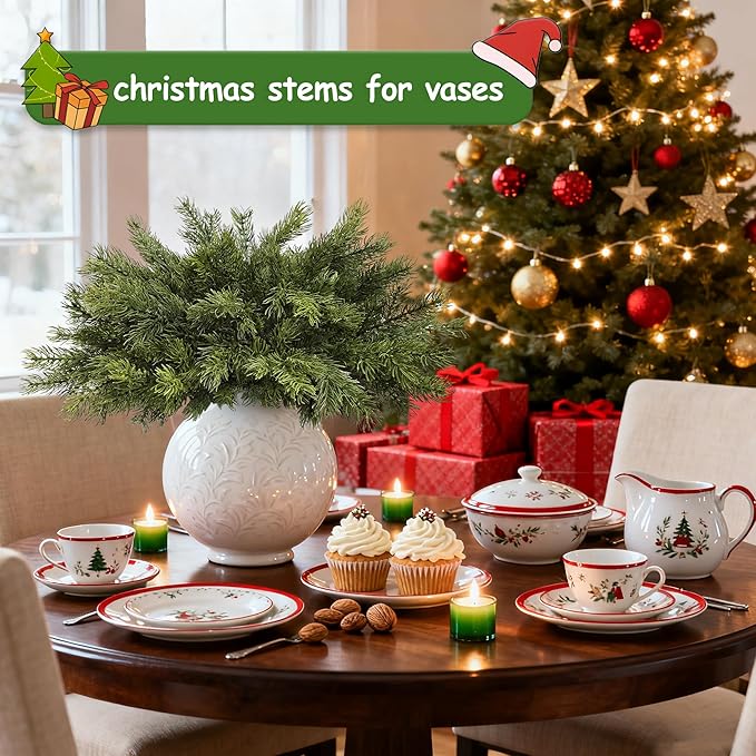 Artgar 6 Pcs Christmas Pine Branches – 18" Realistic Artificial Greenery Pine Stems - Real Touch Faux Cedar Picks for Vase, DIY Garland Wreath Home Indoor Outdoor Xmas Decorations