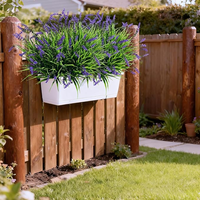 12 Bundles Artificial Lavender Flowers Faux Plants for Outdoor Fake Monkey Grass with Flowers Realistic Faux Greenery Shrubs for Porch Planters Patio Garden Window Boxes Pathway Decor (Purple)